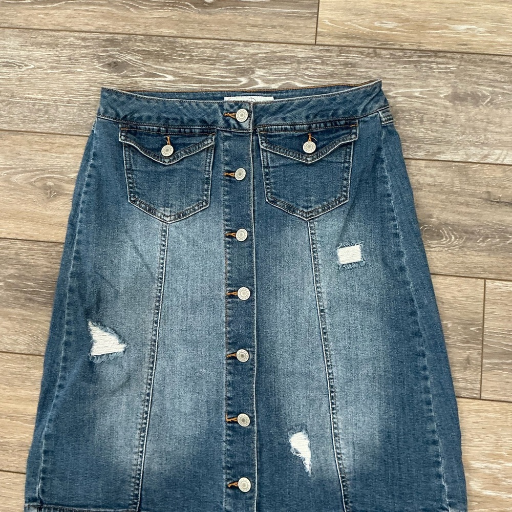 Distressed Denim Button-Down Pencil Skirt